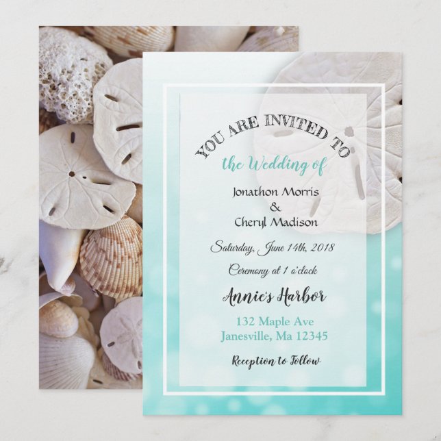 Teal Sand Dollar Beach Themed Wedding Invitations (Front/Back)