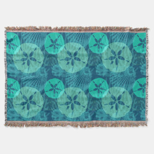 Teal Sand Dollars Seashells Pattern on Ocean Blue Throw Blanket