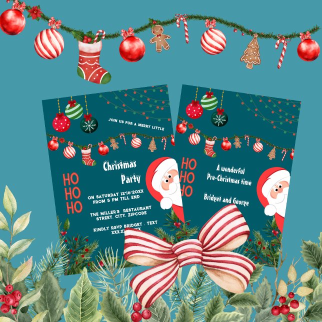 Teal Santa & Ornaments Christmas Party Invitation (Creator Uploaded)