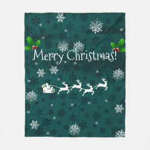 Teal Santa's Sleigh and Reindeer Fleece Blanket