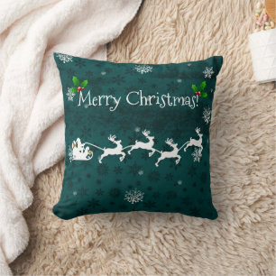 Teal Santa's Sleigh and Reindeer Throw Pillow