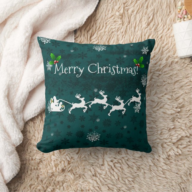 Teal Santa's Sleigh and Reindeer Throw Pillow (Blanket)