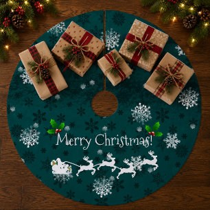 Teal Santa's Sleigh and Reindeer Tree Skirt