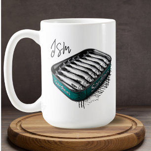 Teal Sardine Art Tin Custom Monogram Name Coffee Mug