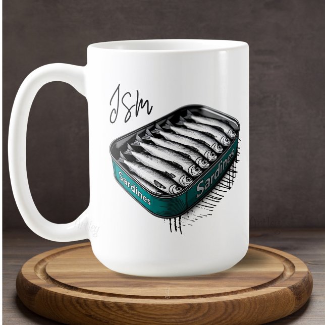 Teal Sardine Art Tin Custom Monogram Name  Coffee Mug (Creator Uploaded)