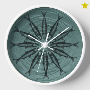 Teal Sardine Drawing Sketch Fish Pattern Clock