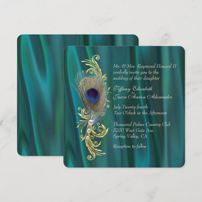 Teal Satin and Peacock Feather Wedding Invitation (Front/Back)