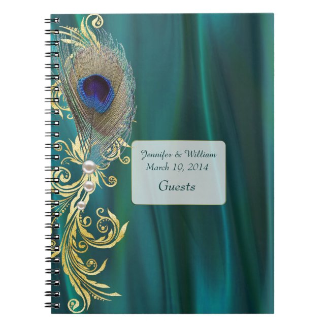Teal Satin and Peacock Feather Wedding Notebook (Front)