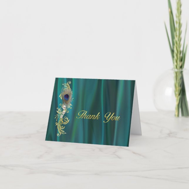 Teal Satin and Peacock Feather Wedding Thank You Card (Front)