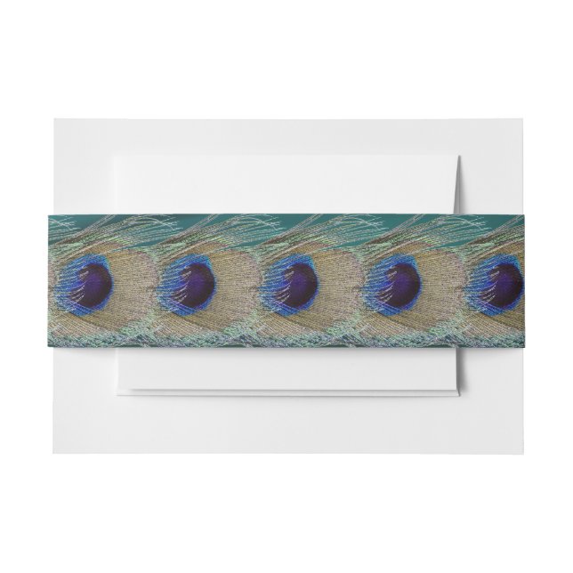 Teal Satin and Peacock Feathers Belly Band Invitation Belly Band (Front Example)