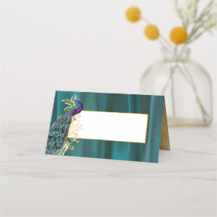 Teal Satin and Peacock Wedding Folded Place Card