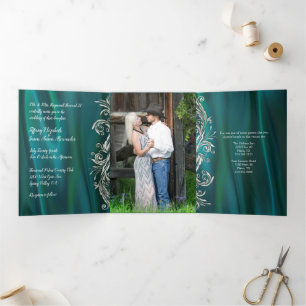 Teal Satin Look with Peacock Wedding Tri-Fold Invitation