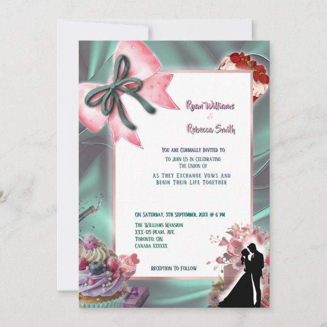 Teal Satin & Pink Bow Wedding Invitation (Front)