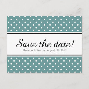Teal save the date postcards white polka dots