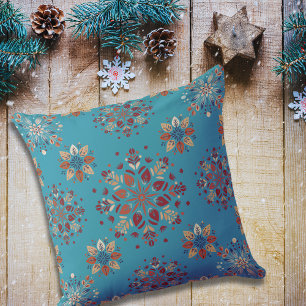 Teal Scandinavian Folk pattern snowflakes Cushion