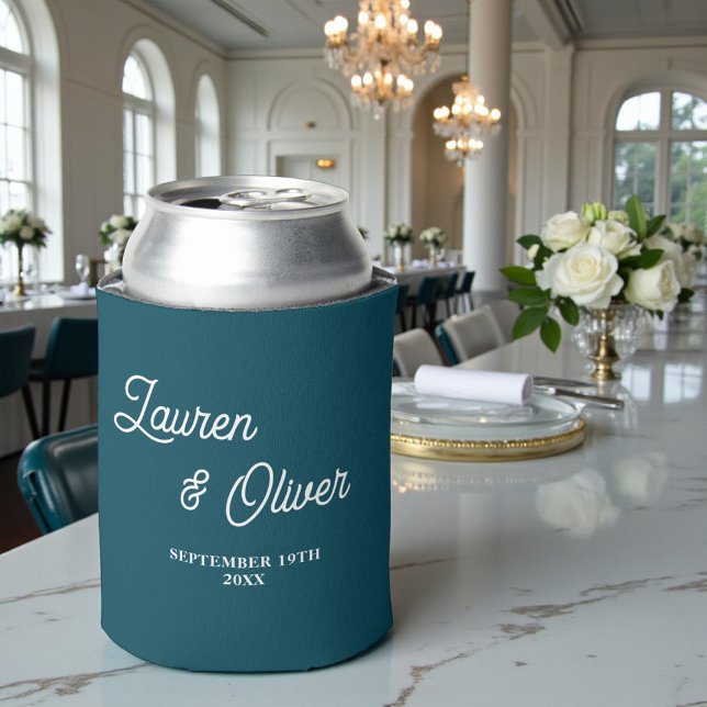 Teal Script Minimalist Wedding Can Cooler (Creator Uploaded)