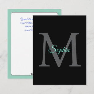 Teal Script Name Large Grey Monogram Black Message Holiday Card