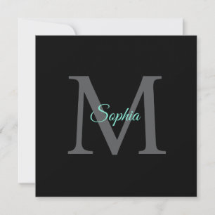 Teal Script Name Large Grey Monogram Black Message Thank You Card