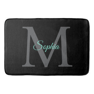 Teal Script Name, Large Grey Monogram on Black Bath Mat