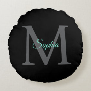 Teal Script Name, Large Grey Monogram on Black Round Cushion