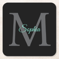 Teal Script Name, Large Grey Monogram on Black