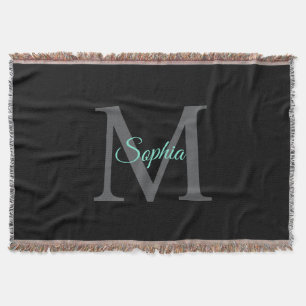 Teal Script Name, Large Grey Monogram on Black Throw Blanket