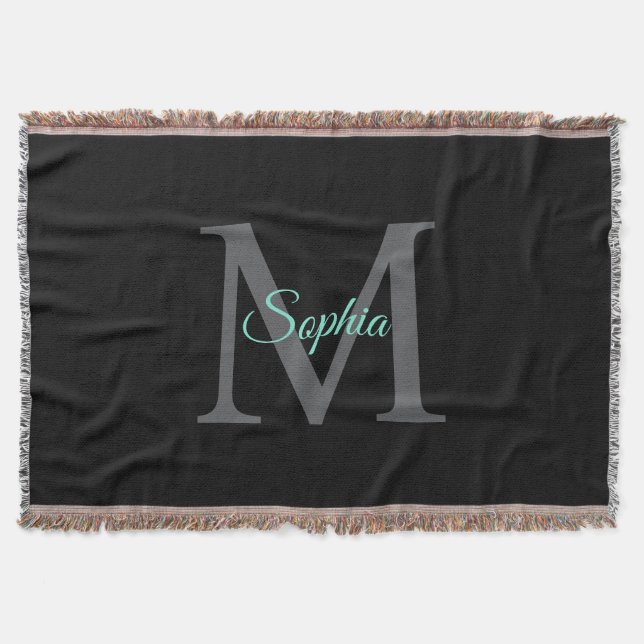 Teal Script Name, Large Grey Monogram on Black Throw Blanket (Front)