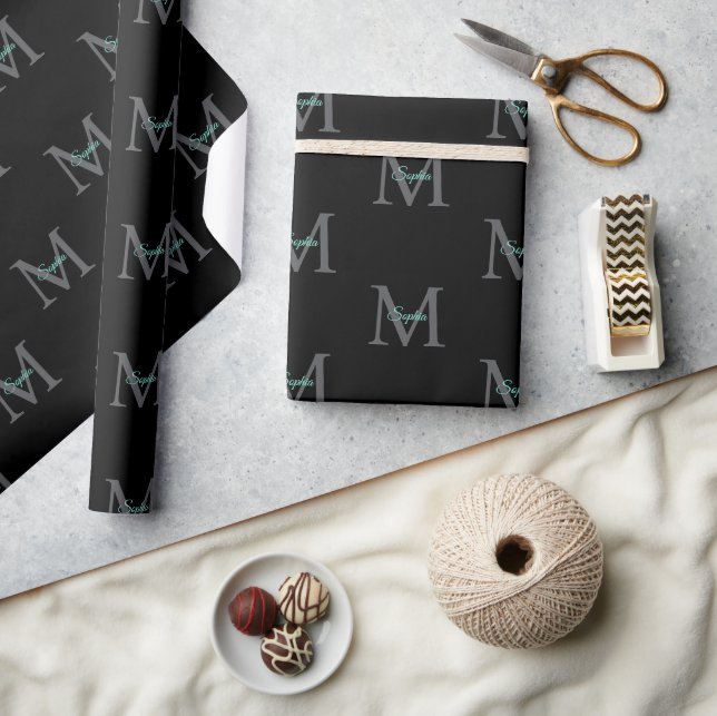 Teal Script Name, Large Grey Monogram on Black Wrapping Paper (Crafts)
