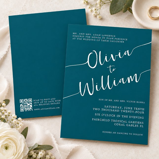 Teal Script QR Code Wedding Invitation (Teal Script QR Code Wedding)