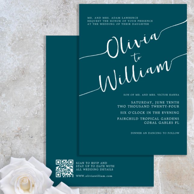 Teal Script QR Code Wedding Invitation (Creator Uploaded)