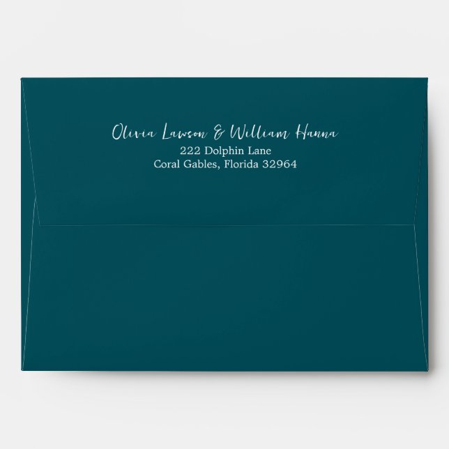 Teal Script Return Address Wedding Envelope (Back (Top Flap))