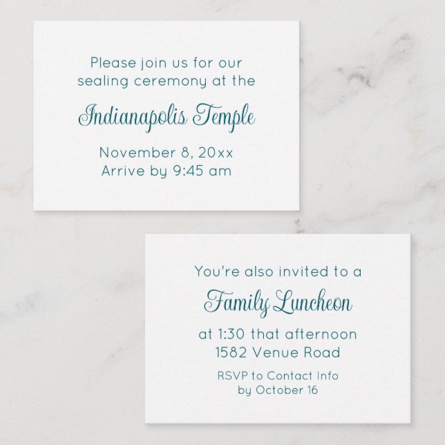 Teal Script Temple Sealing & Meal Invitation (Front/Back)