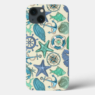 Teal Sea Animals Pattern iPhone 13 Case