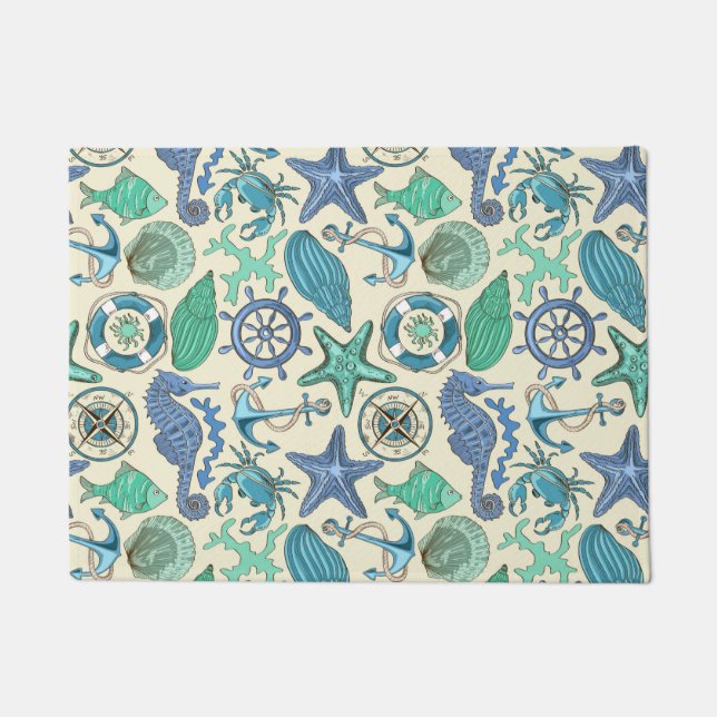 Teal Sea Animals Pattern Doormat (Front)