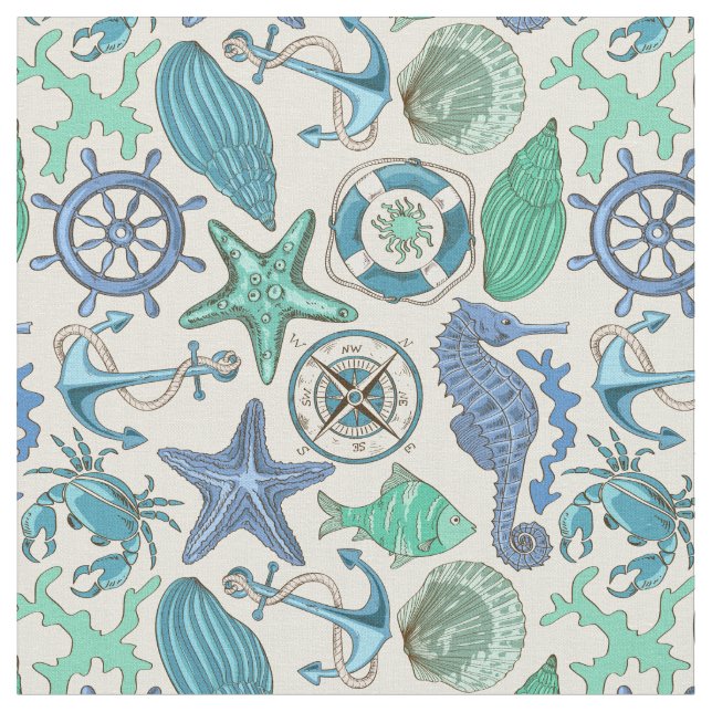 Teal Sea Animals Pattern Fabric (Close Up)