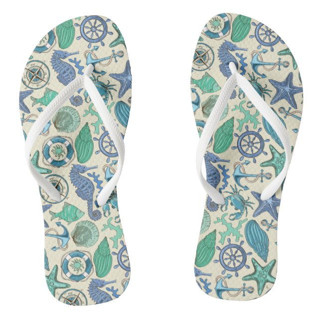 Teal Sea Animals Pattern Flip Flops (Footbed)