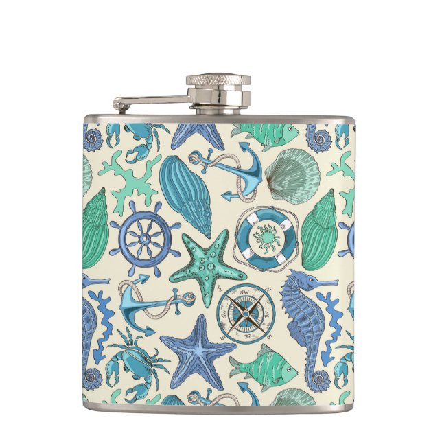 Teal Sea Animals Pattern Hip Flask (Front)