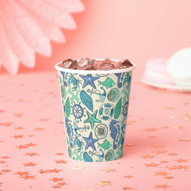 Teal Sea Animals Pattern Paper Cups (Insitu)