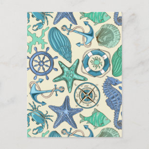 Teal Sea Animals Pattern Postcard
