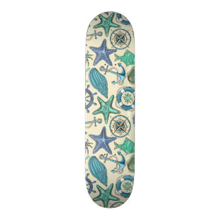 Teal Sea Animals Pattern Skateboard