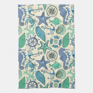 Teal Sea Animals Pattern Tea Towel