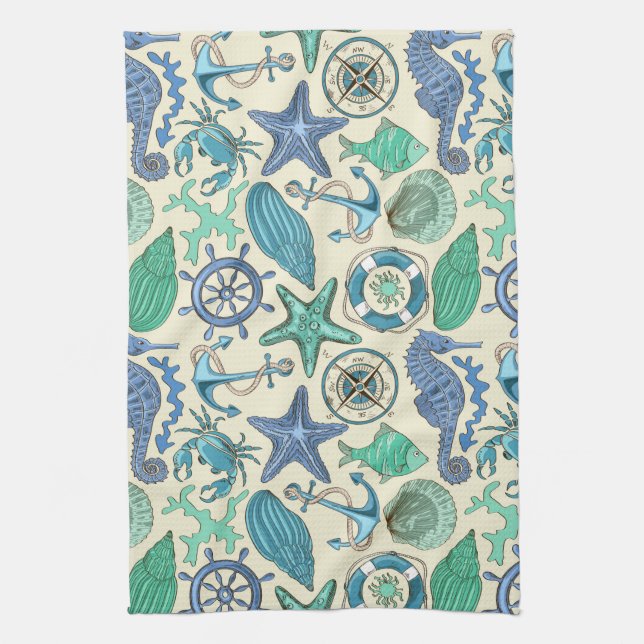 Teal Sea Animals Pattern Tea Towel (Vertical)