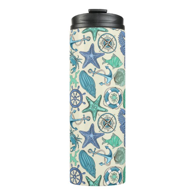 Teal Sea Animals Pattern Thermal Tumbler (Front)