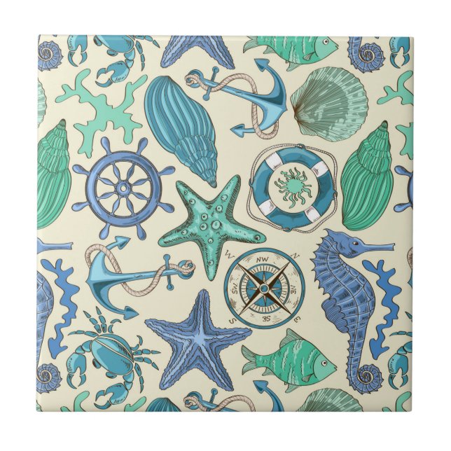Teal Sea Animals Pattern Tile (Front)