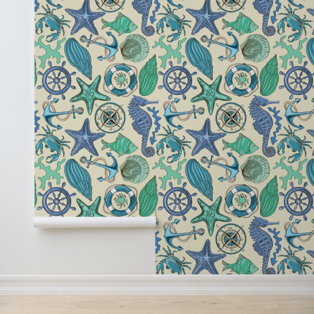 Teal Sea Animals Pattern Wallpaper (Application)