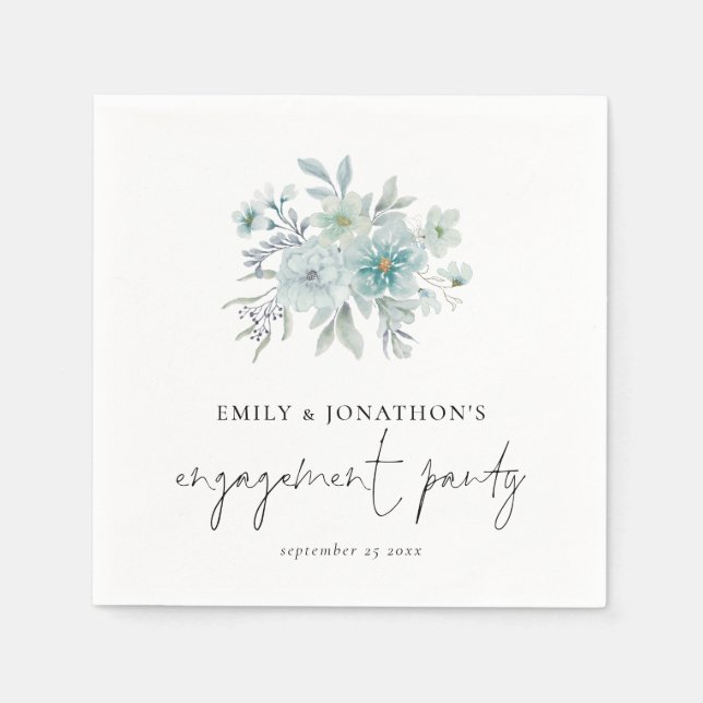 Teal Sea Mist Florals Script Engagement Party Napkin (Front)