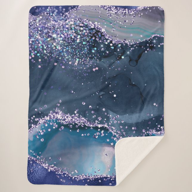 *~* Teal Sea Ocean Agate Celestial  GLITTER AP8  Sherpa Blanket (Front)
