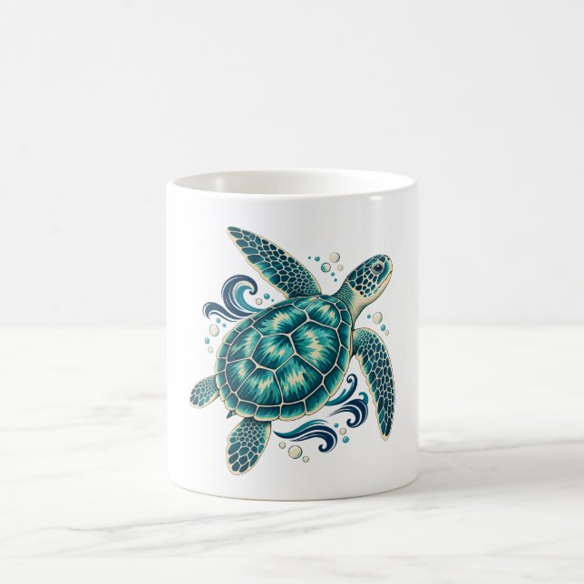 Teal Sea Turtle with Ocean Waves Coffee Mug (Center)