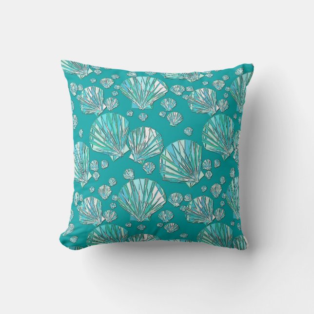 Teal, seafoam sea shells, turquoise background cushion (Front)