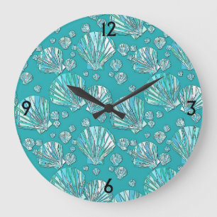 Teal, seafoam sea shells, turquoise background large clock